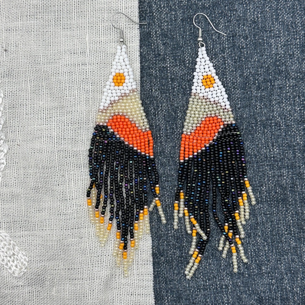 Southwestern‎ Seed Bead Sunset Statement Earrings Fringe Dangle 4.5" Long